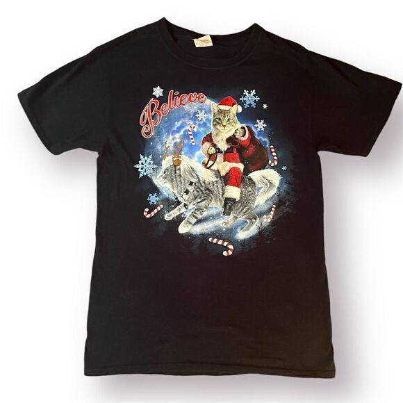 Fruit of the Loom Cotton Believe Kitschy Santa Cat Christmas Tee Navy Blue S - Picture 1 of 10
